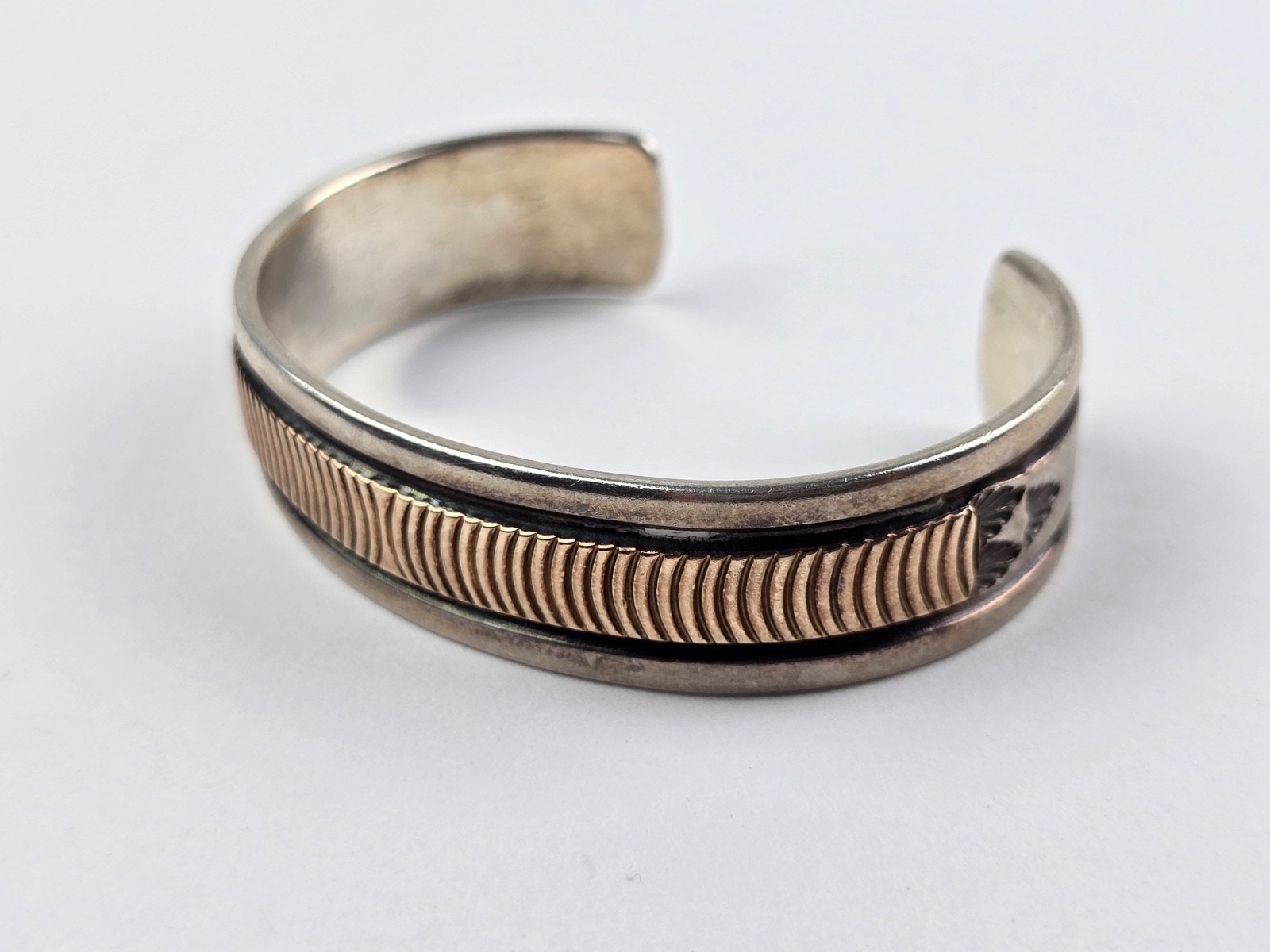 B Morgan Signed Cuff Bracelet 14k Gold Sterling Silver Native Made